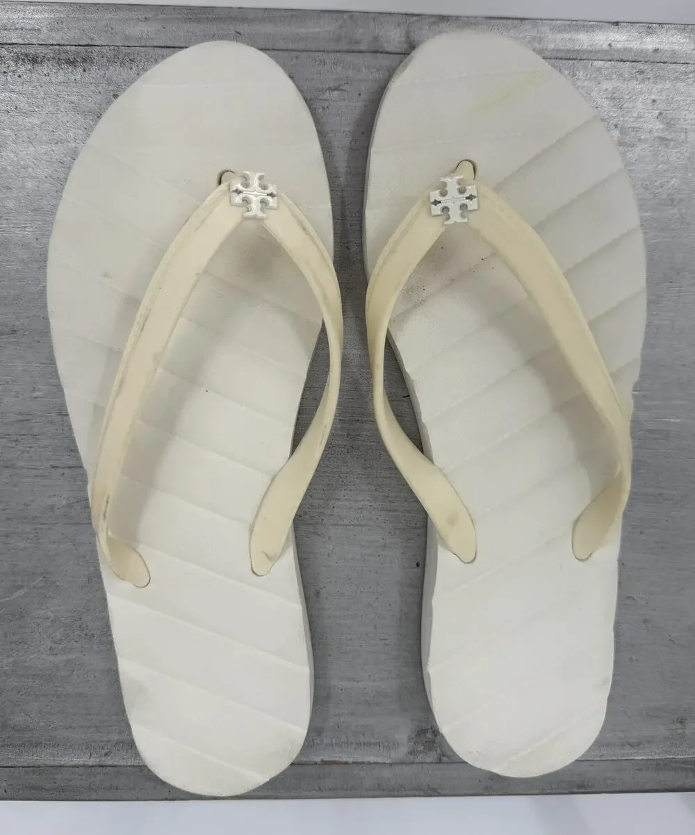 Tory Burch Logo Wedge Flip Flop Sandals Ivory Size 8 Summer Beach Vacation